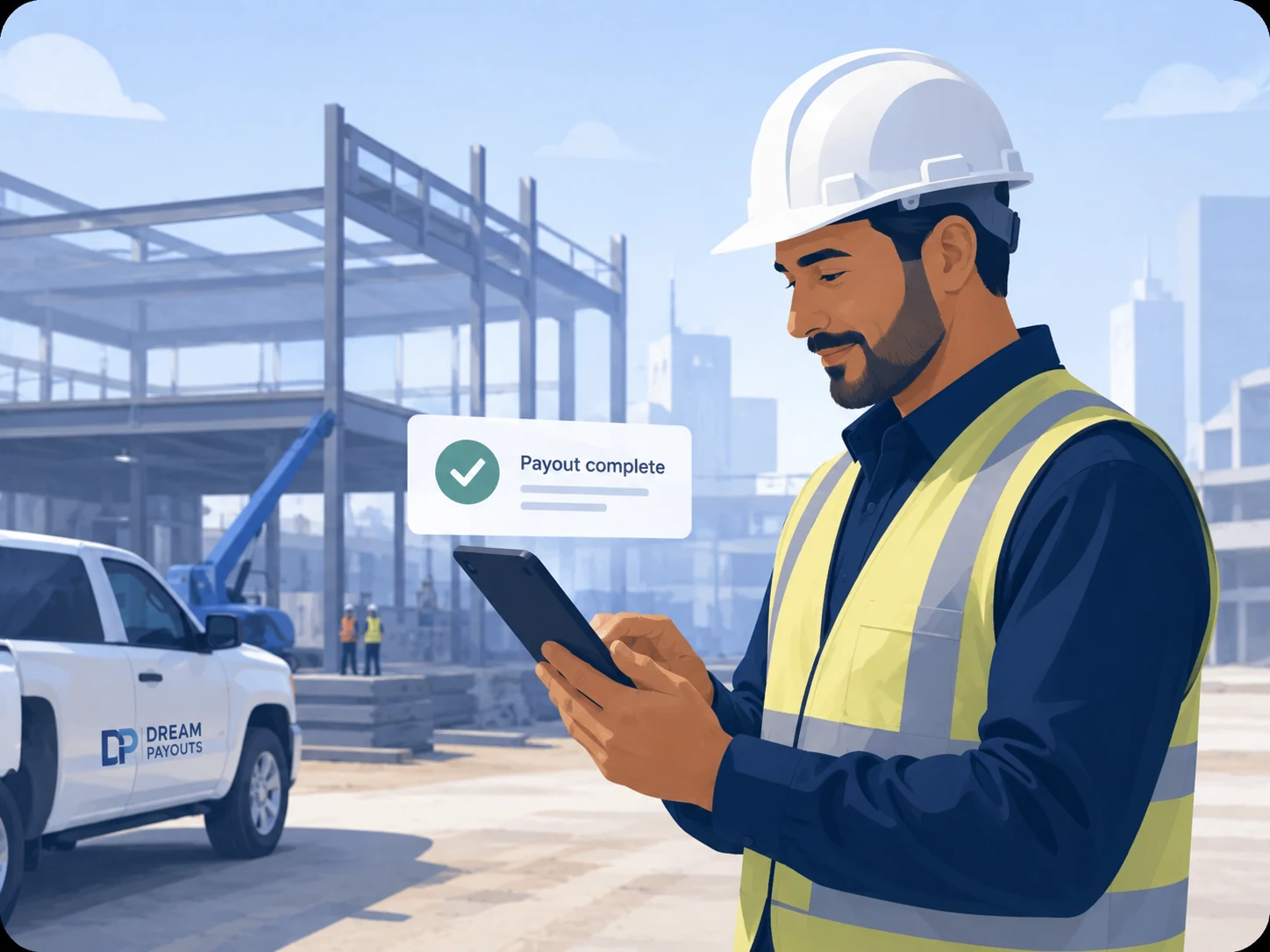 Construction contractor viewing a payout complete notification on a tablet