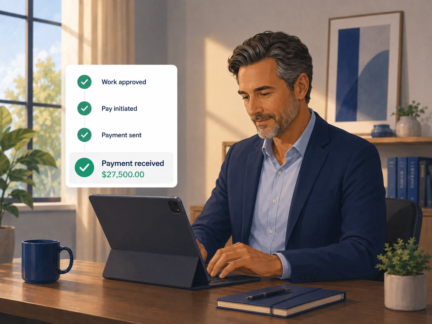 Completed payment workflow: work approved, pay initiated, payment sent, payment received