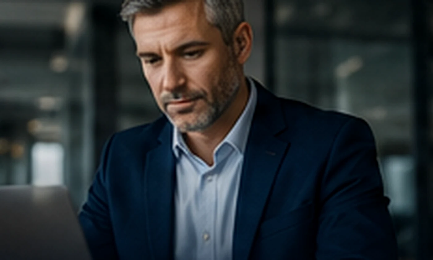 Small-business operator reviewing an important payment update