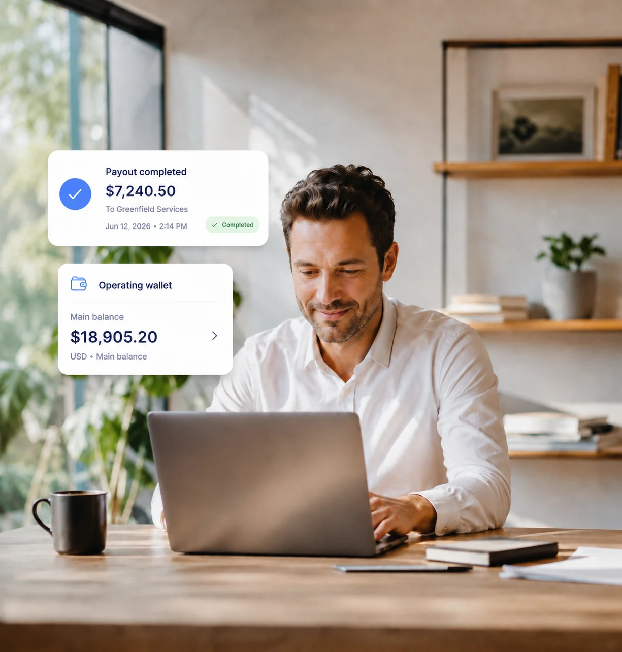 A business owner reviewing a completed payout at a sunlit desk