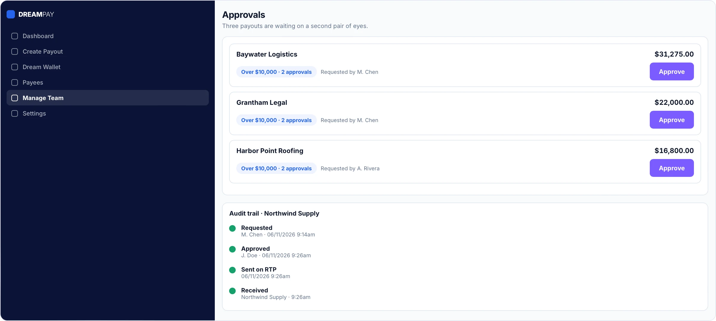 Dream Payouts approvals screen with pending payouts and audit trail