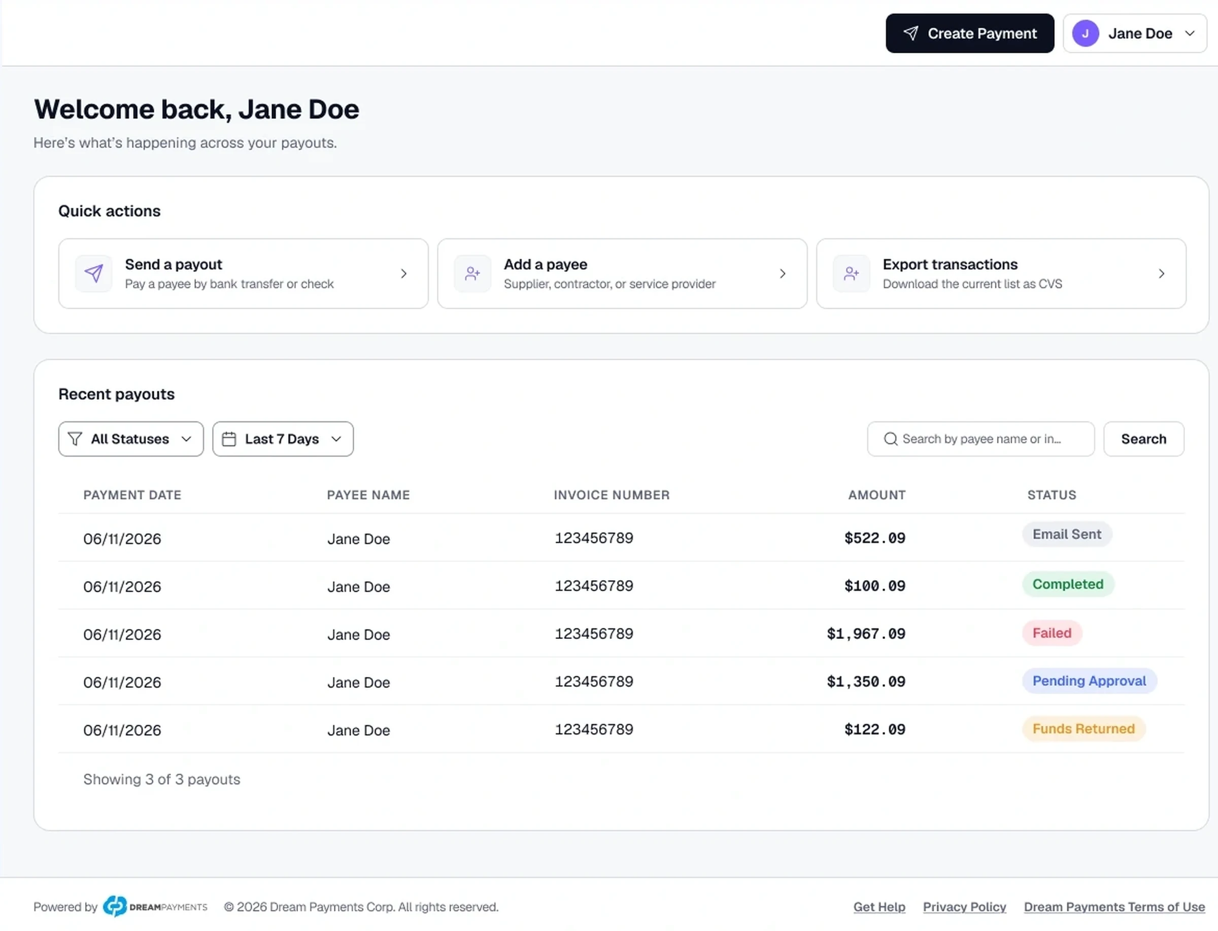 The Dream Payouts dashboard showing balance, quick actions and recent payouts with live statuses