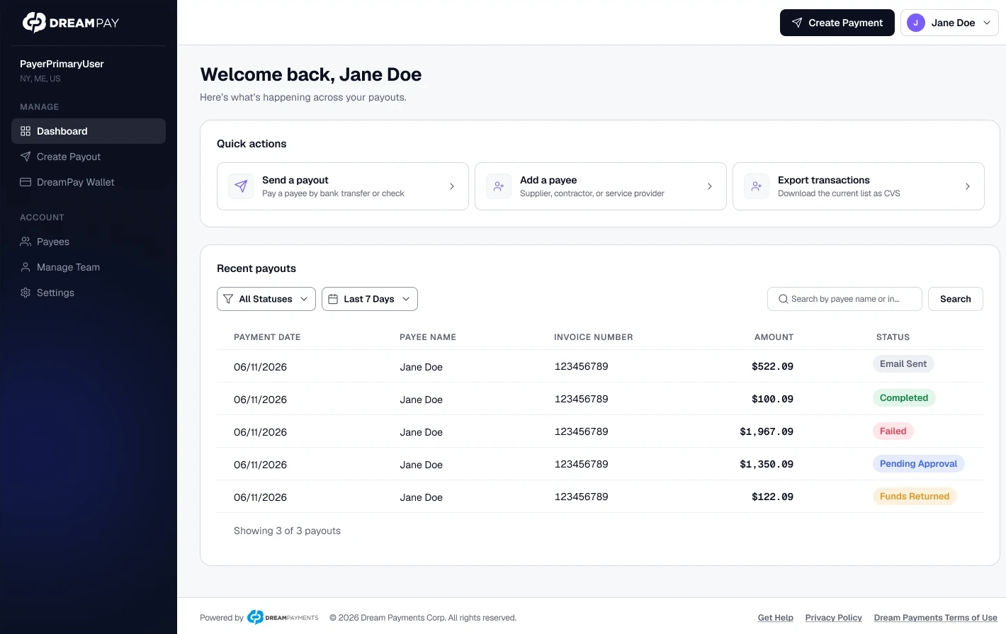 The Dream Payouts dashboard, showing quick actions and recent payouts