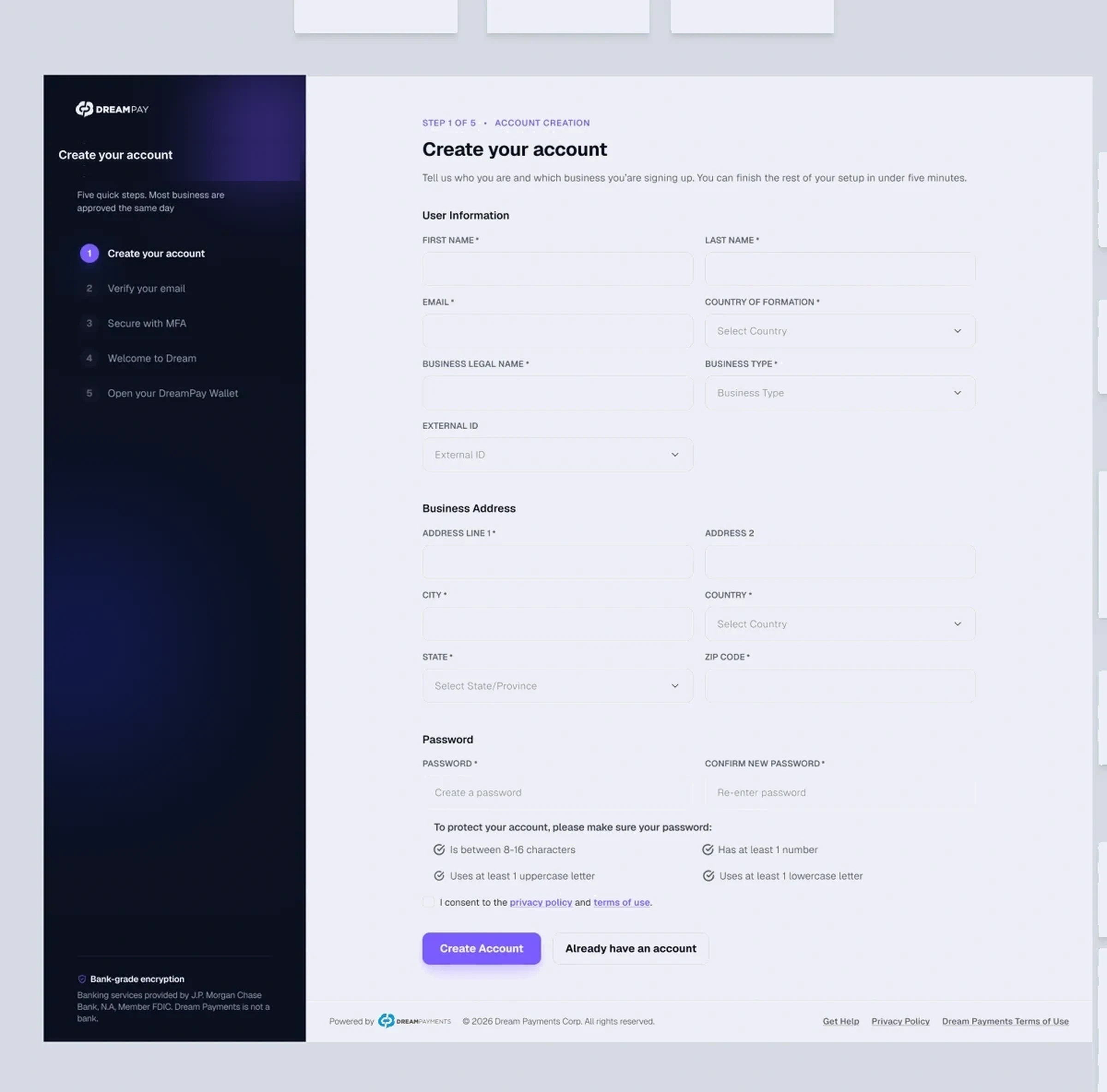 Dream Payouts account creation screen, step 1 of 5