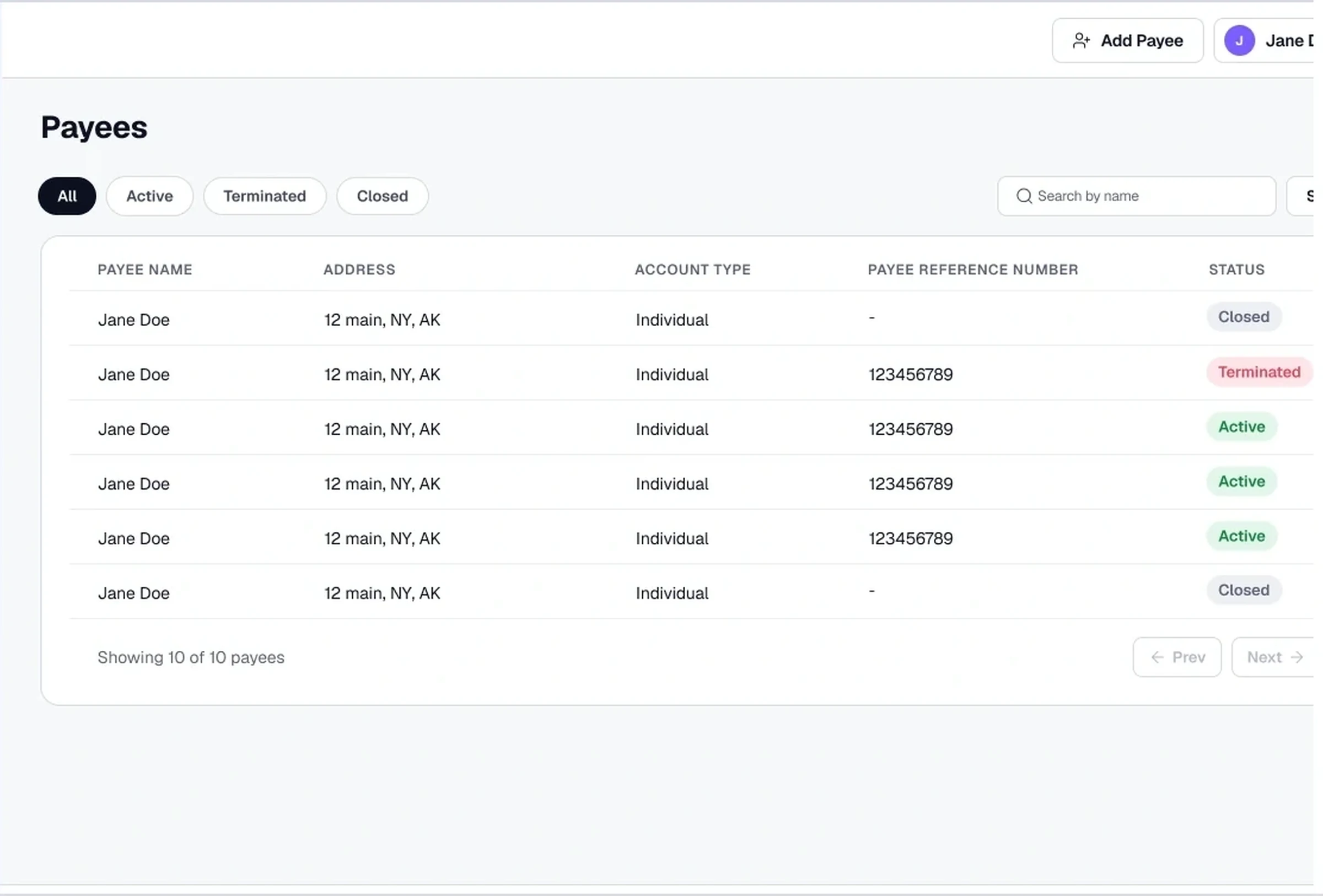 The Dream Payouts add a new payee screen