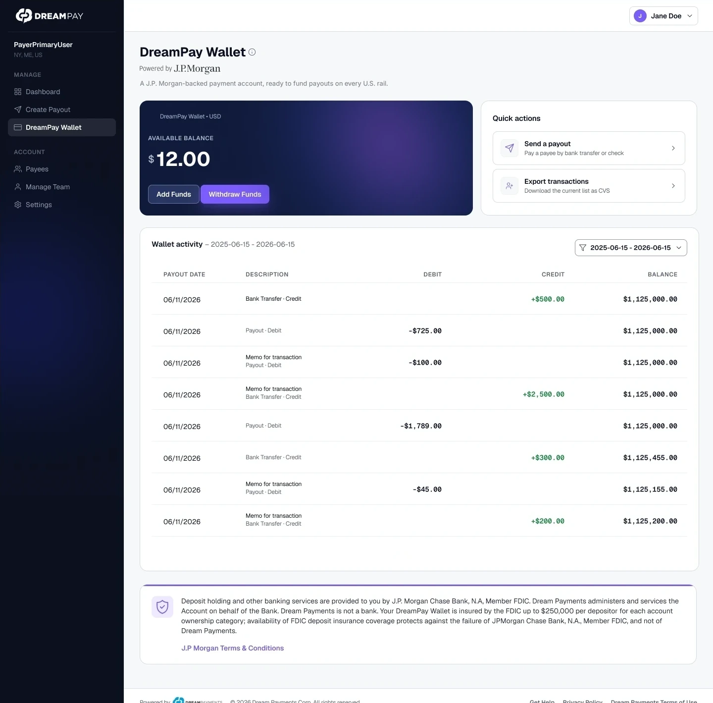 DreamPay Wallet showing an available balance, funding actions, and account activity